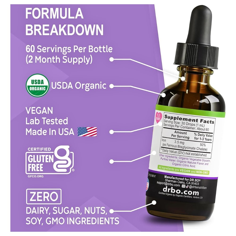 Dr Bo's Organic Iron Drops, Ferrous Bisglycinate 3.5mg, For Infants, Toddlers & Kids . Support For Growth, Brain Development & Energy, Berry Flavor, 60mls Exp: 04/2028 - Image 4