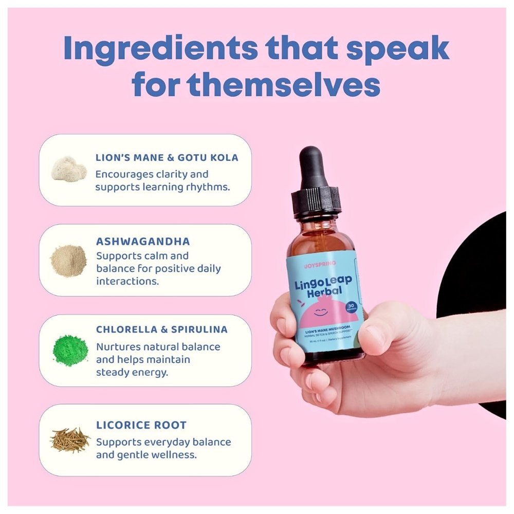 JoySpring Lingo Leap Lions Mane Kids Liquid Drops With Gotu Kola & Ashwagandha. For Focus, Cognitive & Brain Support |Raspberry Flavor| 30 Servings, 30mls Exp: - Image 4
