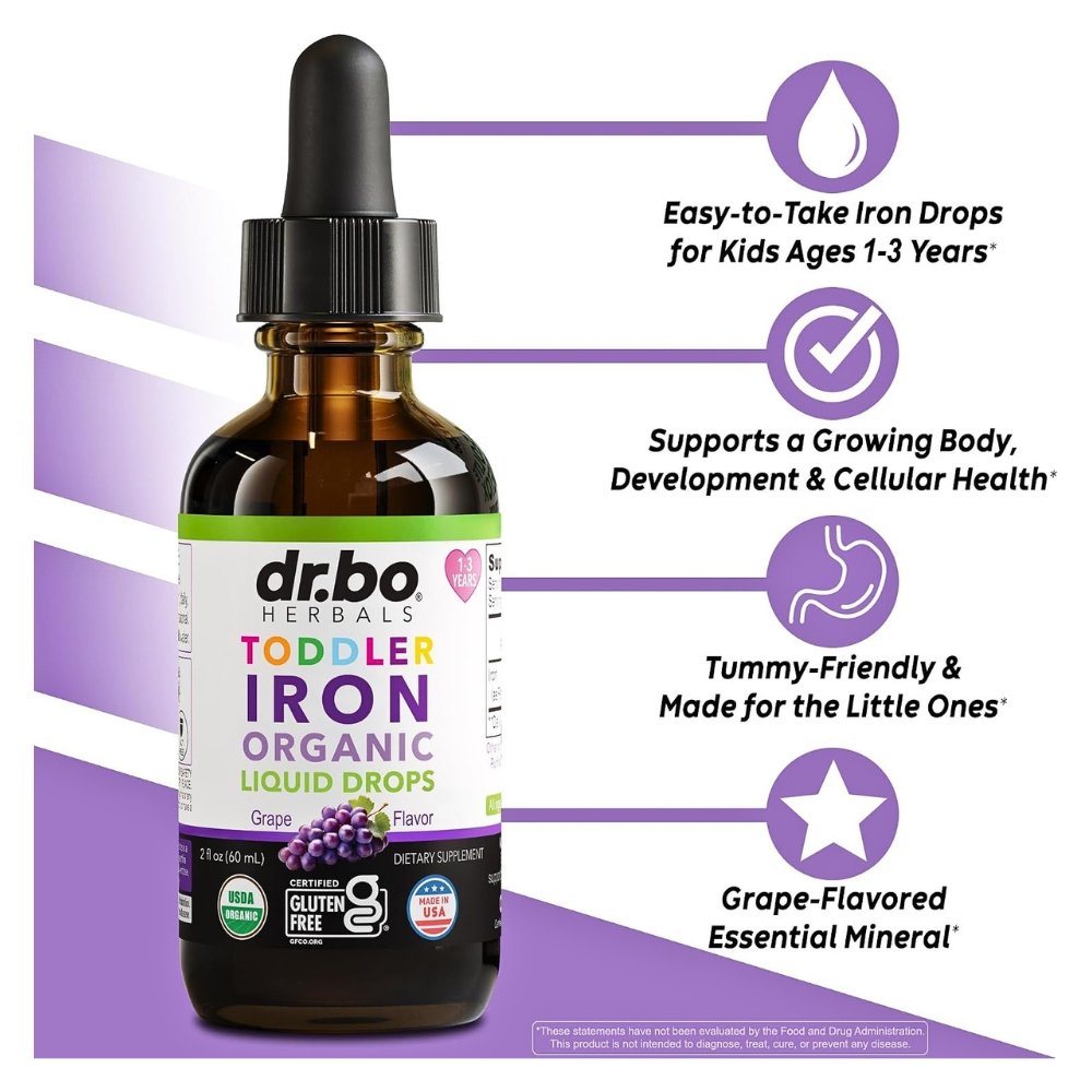 Dr Bo's Organic Iron Drops, Ferrous Bisglycinate 3.5mg, For Infants, Toddlers & Kids . Support For Growth, Brain Development & Energy, Berry Flavor, 60mls Exp: 04/2028 - Image 5