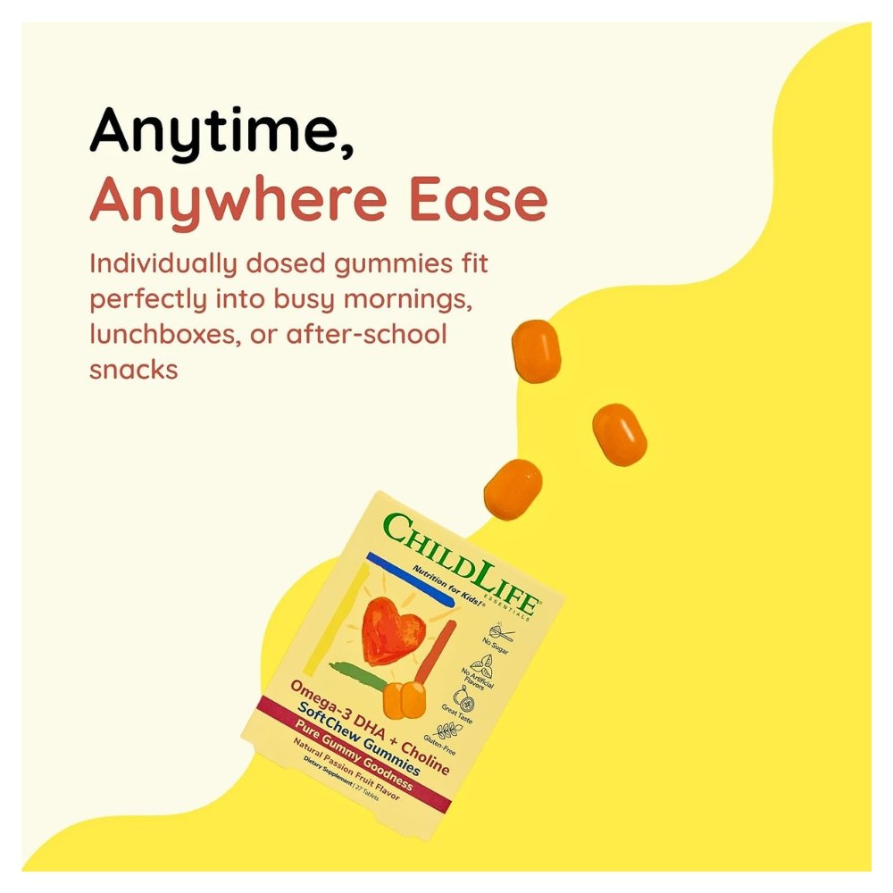 ChildLife Essentials Choline & Omega-3 DHA SoftChew Gummies. For Brain, Nervous System Health, Speech & Focus. Natural Passion Fruit Flavor, 27 Tablets Exp: 09/2027 - Image 5