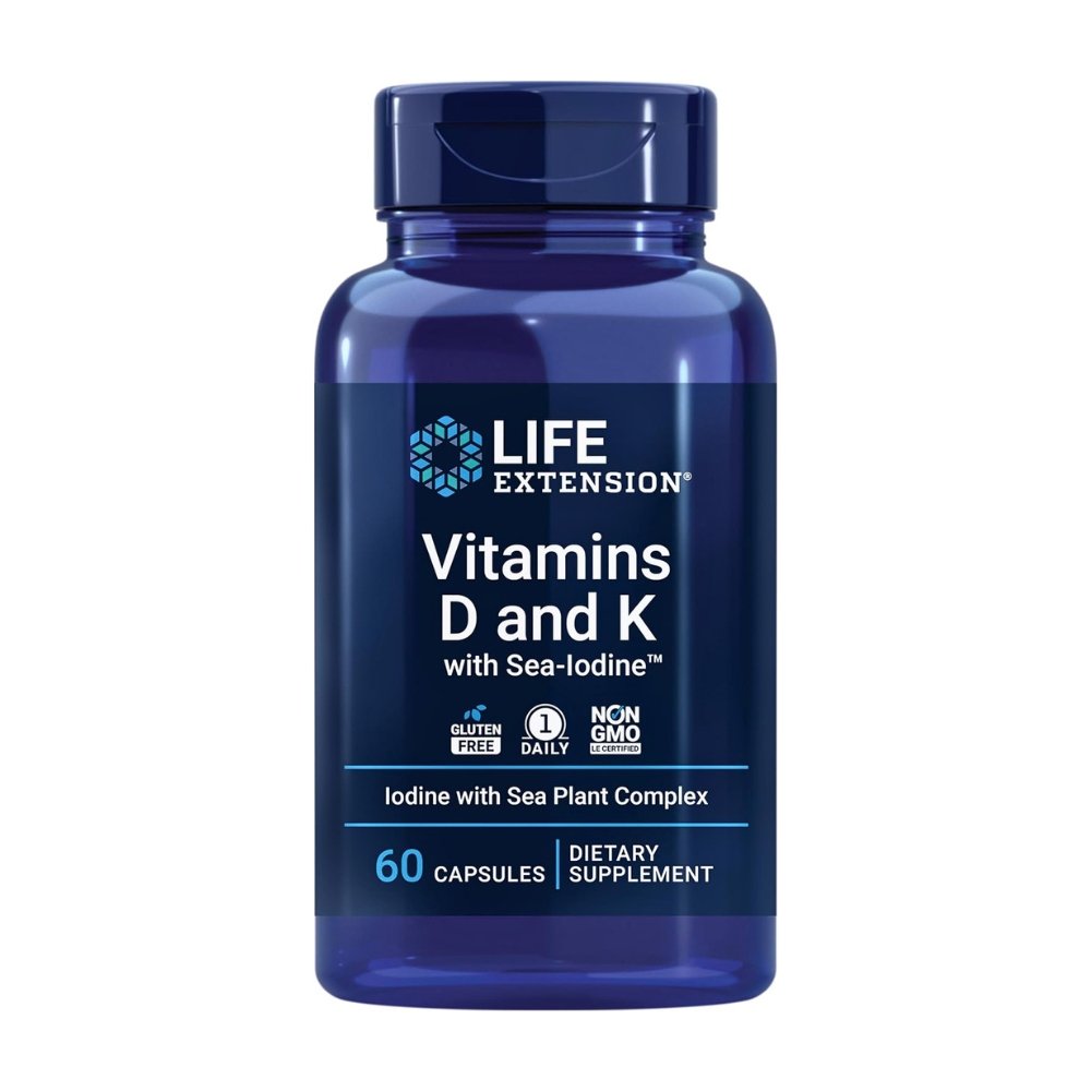 Life Extension Vitamin D3 & K With Sea-Iodine, 125 mcg. For Immune Support, Bone , Arterial & Thyroid Health , 60 Softgels. Exp: