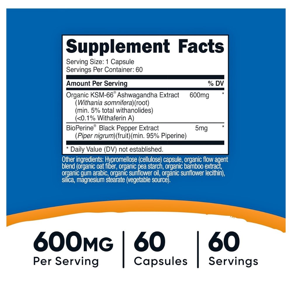 Nutricost Ashwagandha With Organic KSM-66, 600 mg. Herbal Blend To Support Stress Relief, Mood & Energy Levels, 60 Capsules Exp: 03/2029 - Image 2