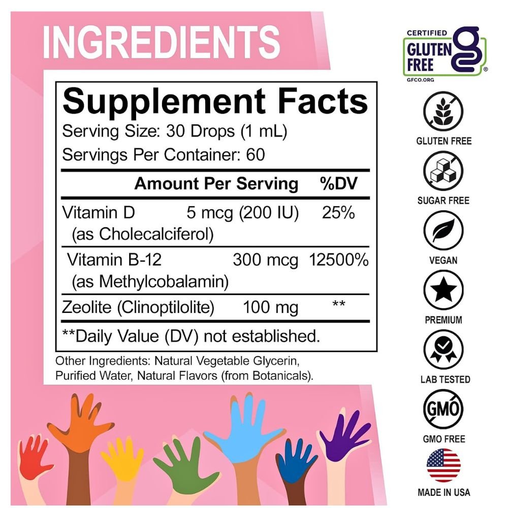 Dr Bo Natural Lingo Zeolite Detox for Kids, Advanced Clinoptilolite With Methylated B12 & D. Speech Supportive Cleanse, 60mls. Exp: 08/2028 - Image 2