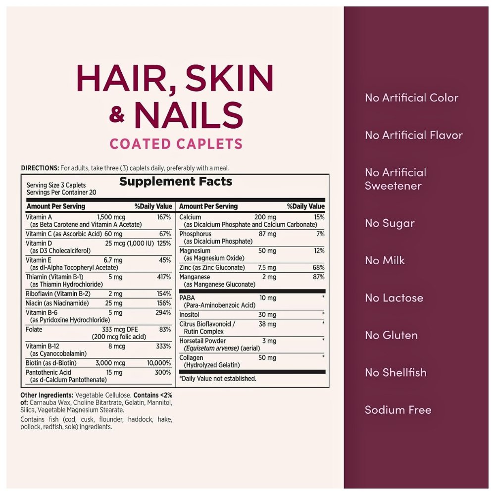 Nature's Bounty Optimal Solutions Hair, Skin & Nails Formula With 3,000 mcg Biotin. For Hair Growth, Skin Care, Nail Growth, 60 Caplets Exp: 09/2029 - Image 2