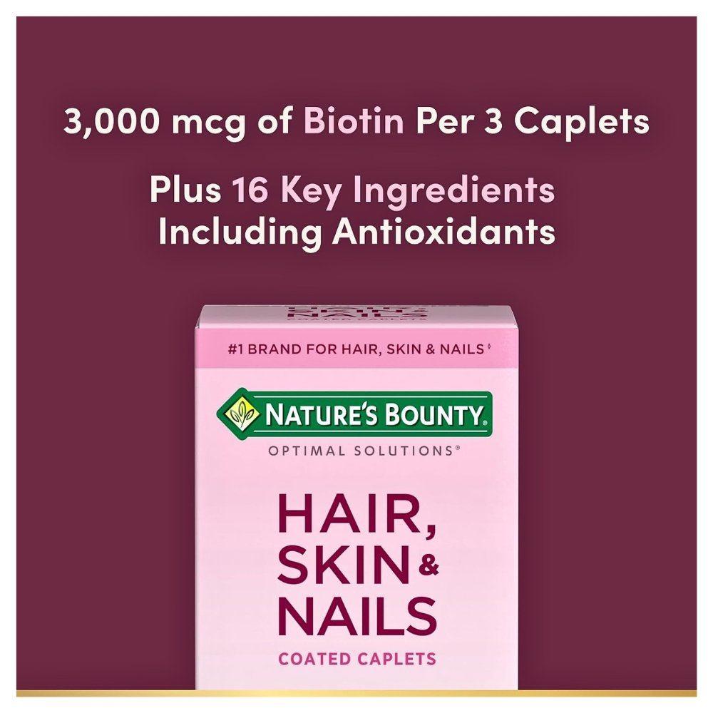 Nature's Bounty Optimal Solutions Hair, Skin & Nails Formula With 3,000 mcg Biotin. For Hair Growth, Skin Care, Nail Growth, 60 Caplets Exp: 09/2029 - Image 3