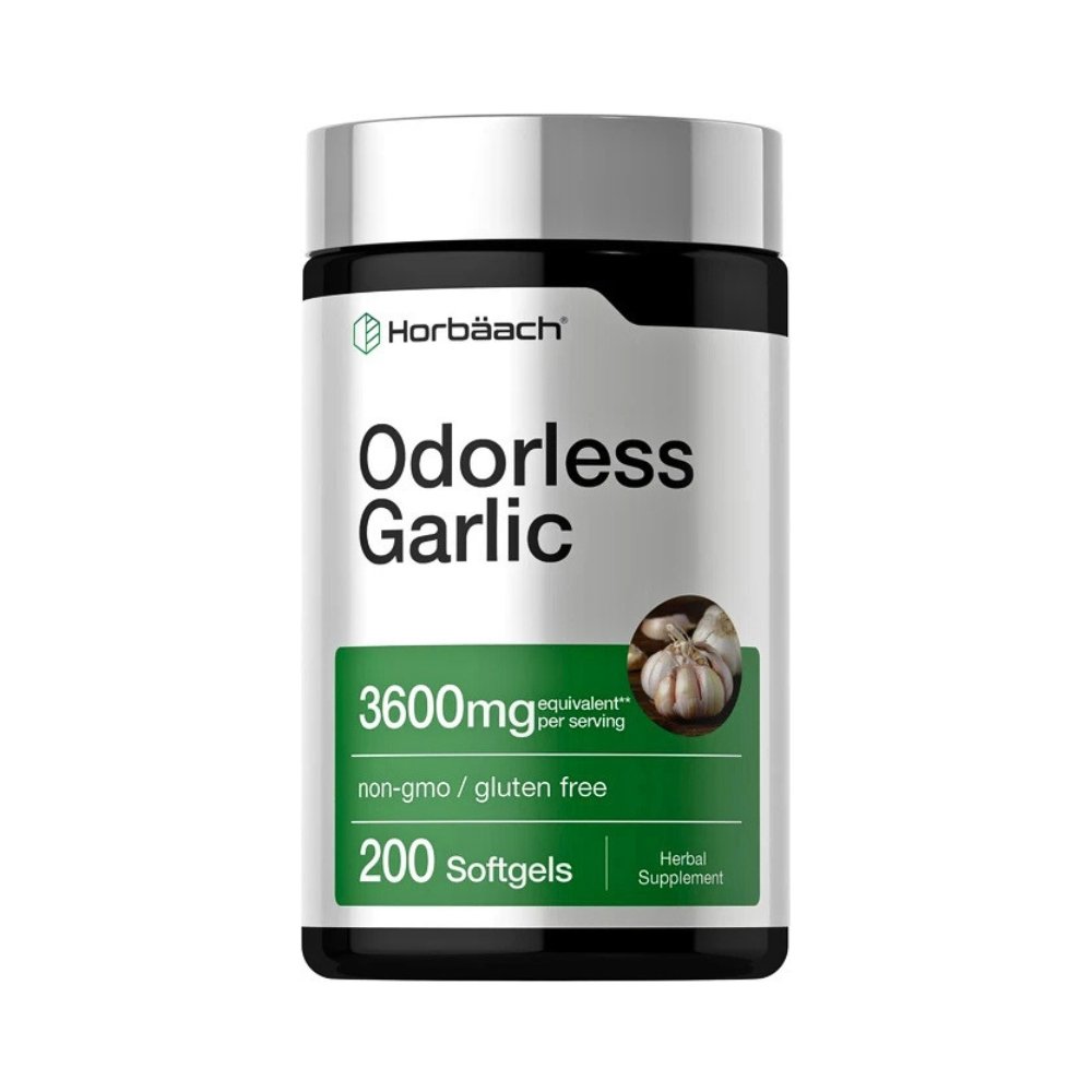 Horbaach Extra Strength Odourless Garlic, 3600MG. For Antioxidant, Immune, Metabolic Support, 200 Softgels. Exp:
