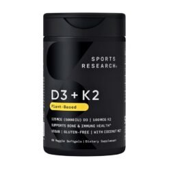 Sports Research Vitamin D3 & K2 5000 IU, 100MCG MK-7 Complex With Coconut oil.  For Bone Support, Cardiovascular, Arterial Health,   60 Softgels                                Exp:  03/2029