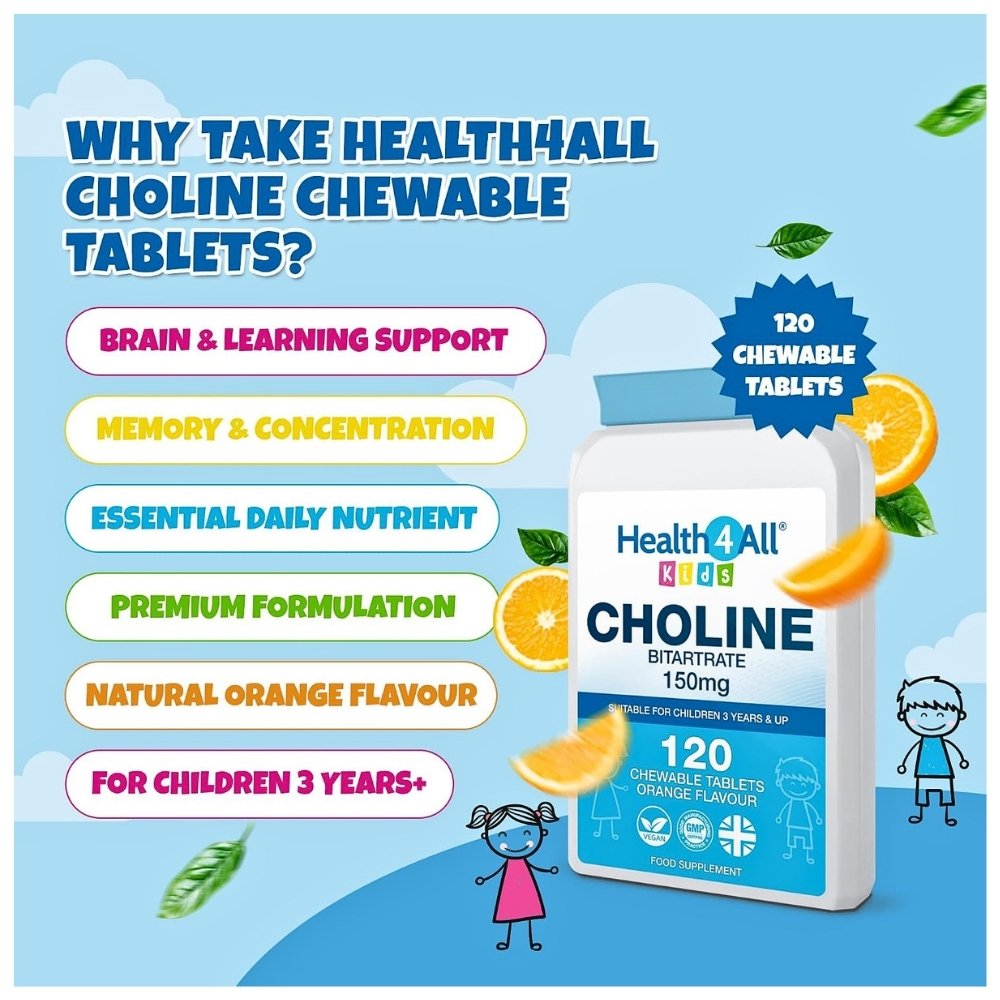 Health4All kids Choline, 150mg. For Focus, Memory, Attention & Nervous System Support, 120 Chewable tablets. Exp: 07/2028 - Image 2