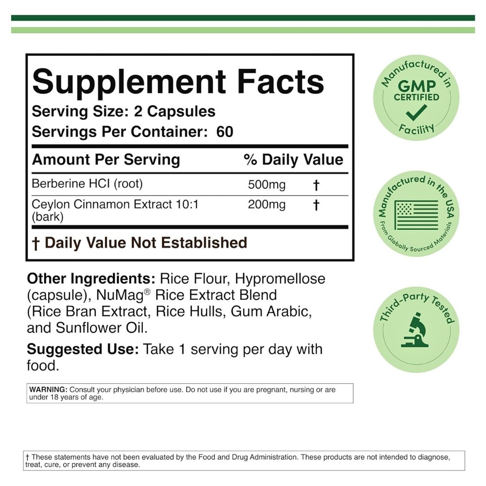 Double Wood Berberine With Ceylon Cinnamon 1000mg. Support For Weight Loss, PCOS, Heart Health, Cholesterol & Metabolic Health- 120 Capsules Exp: 03/2028 - Image 2