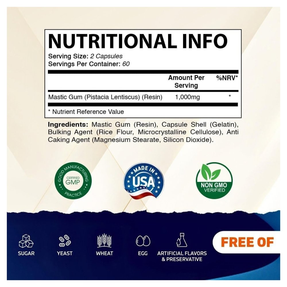 Vitamatic Mastic Gum 1000 mg. Supports a Healthy Balance of Stomach Bacteria, Digestive & Oral Health, 120 Capsules. Exp: 06/2028 - Image 2