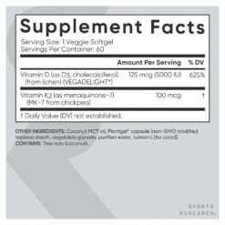 Alternative view of Sports Research Vitamin D3 & K2 5000 IU, 100MCG MK-7 Complex With Coconut oil.  For Bone Support, Cardiovascular, Arterial Health,   60 Softgels                                Exp:  03/2029