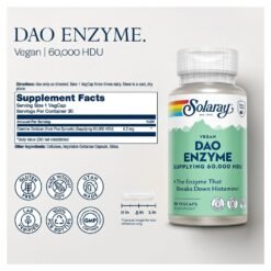 Alternative view of Solaray DAO Enzyme 60000 HDU, Plant Based DAO Enzyme. Histamine Digestion Support,  Enteric Coated,    30 Vegan Capsules                                                                                                                                 Exp: 04/2028