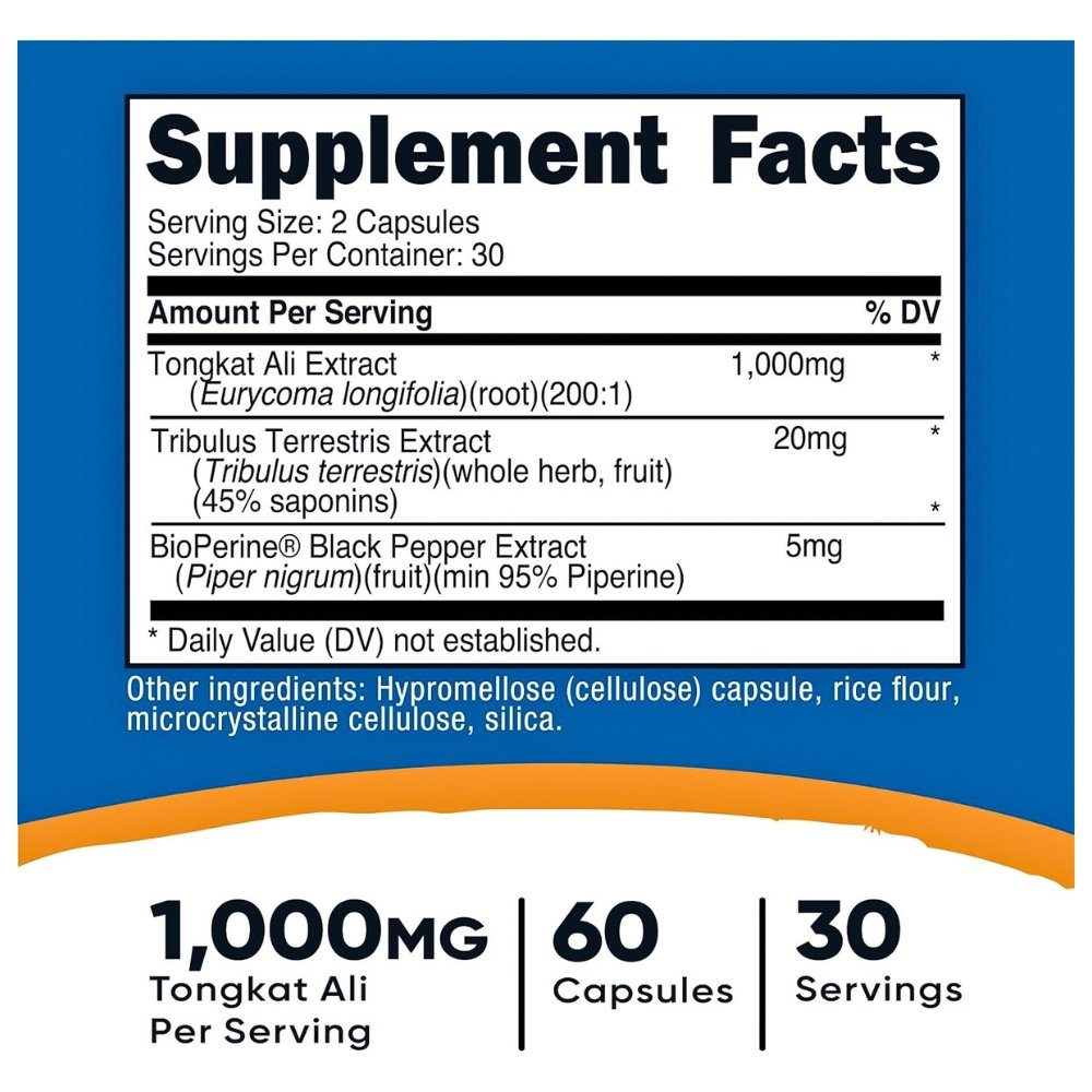 Nutricost Tongkat Ali With Tribulus Terrestis & Bioperine, 1000MG. For Stress Support, Libido, Stamina & Hormonal Balance, 60 Capsules Exp: 03/2029 - Image 2