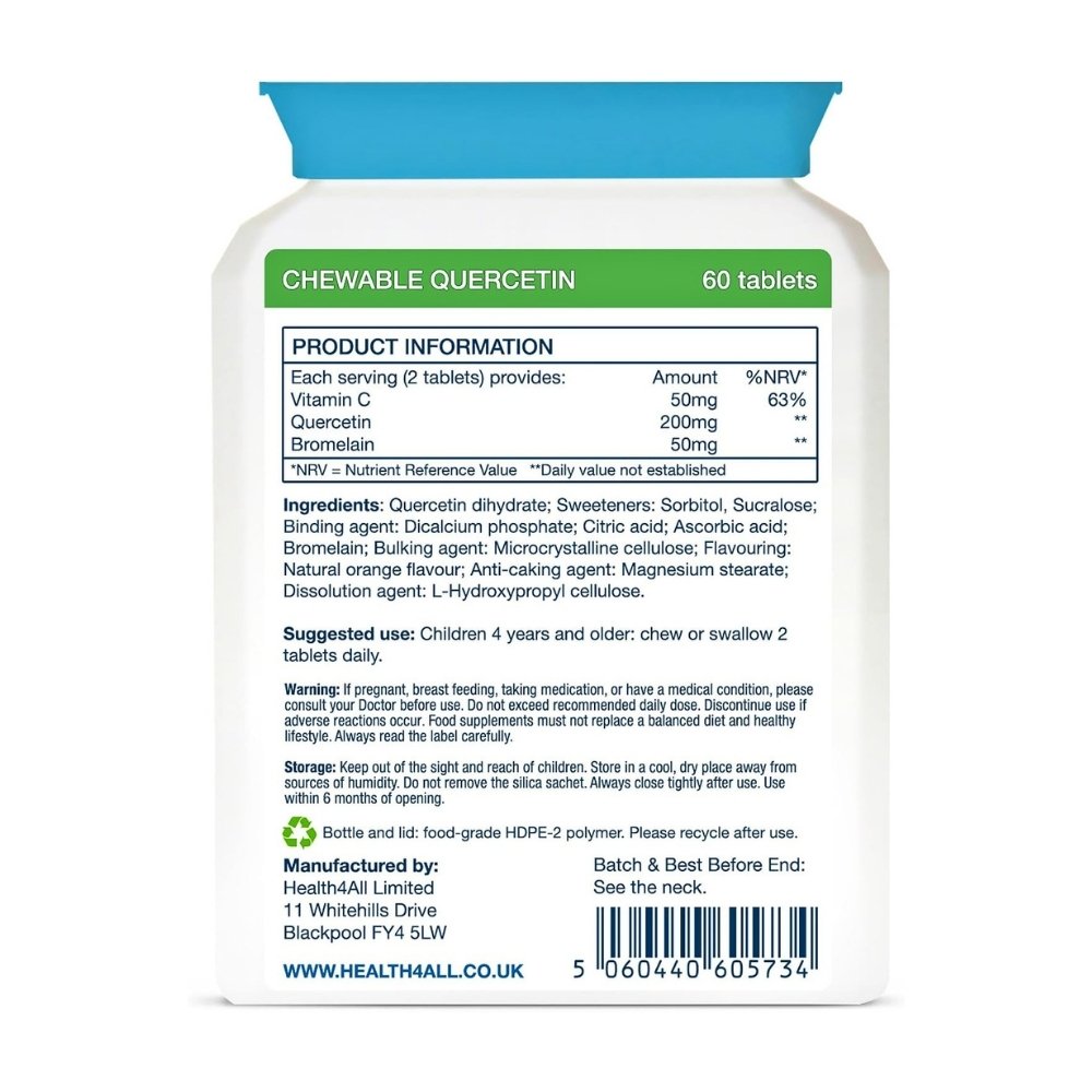 Health4All kids Quercetin With Bromelain, 25mg. For Immune Balance, Allergy Support, 60 Chewable tablets. Exp: 06/2028 - Image 3