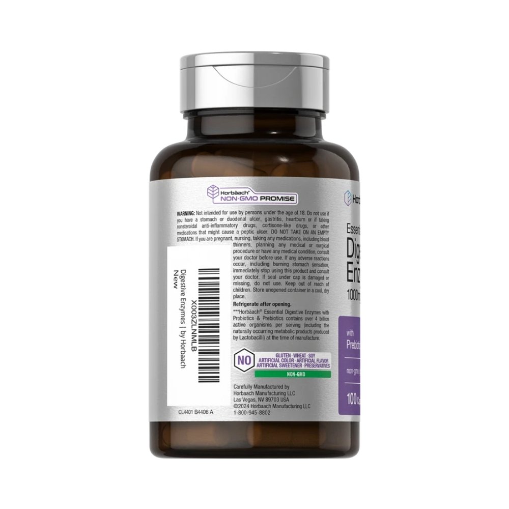 Horbaach Essential Digestive Enzymes With Bromelain, Ox Bile, Pancreatin & Probiotics. For Bloating, Improved Digestion & Nutrient Absorption. 100 capsules Exp: 01/2028 - Image 3