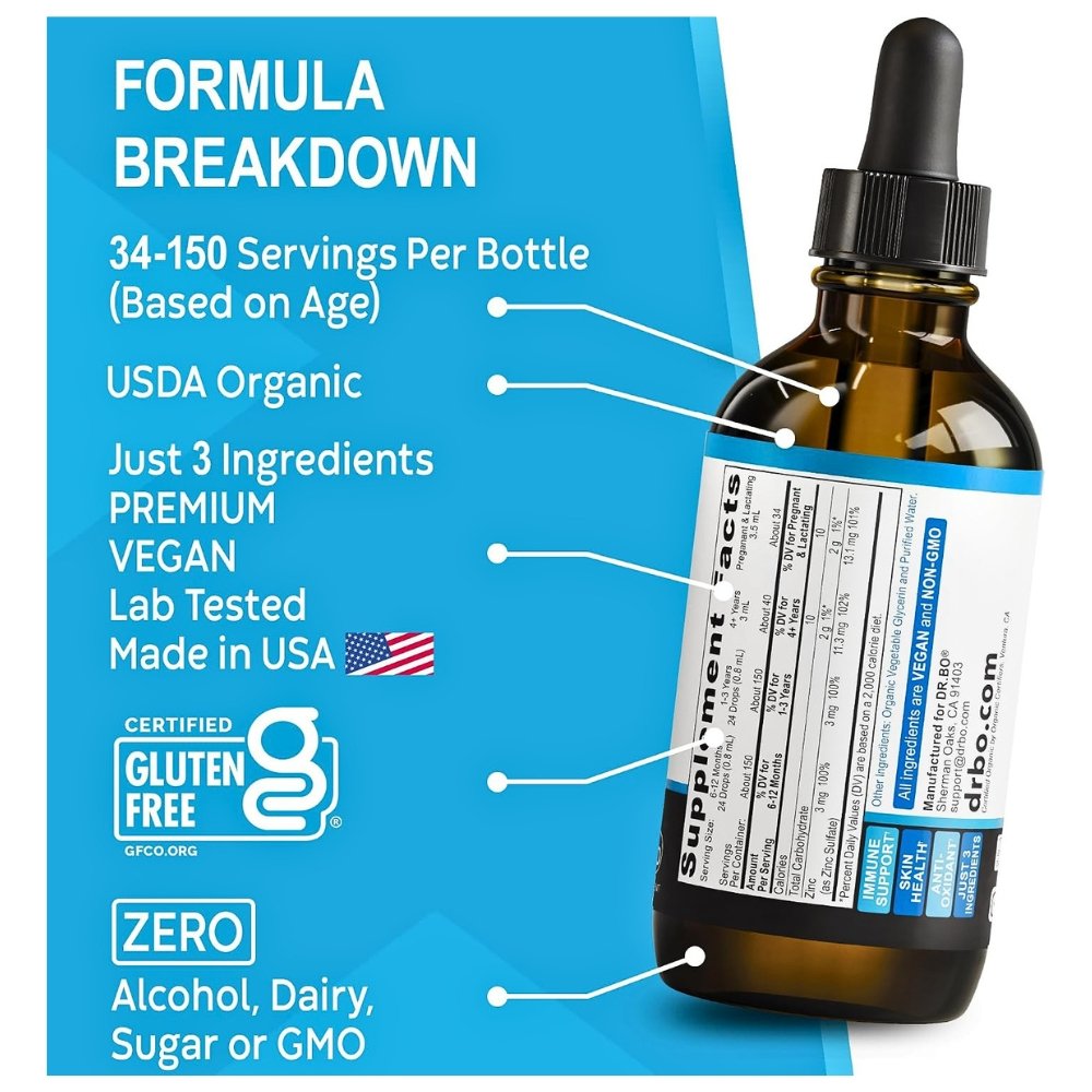 Dr Bo's Organic Ionic Zinc Liquid Drops For Adults & Kids. For Immune Support, Growth & Development, Healthy Skin & Improved wound healing, 120mls Exp: - Image 3
