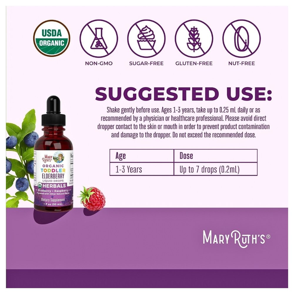 Mary Ruth's Toddler Elderberry Syrup, USDA Organic Elderberry, Kids Immune Support Supplement for Ages 1-3 Years 30mls, Sugar Free Exp: 03/2028 - Image 3