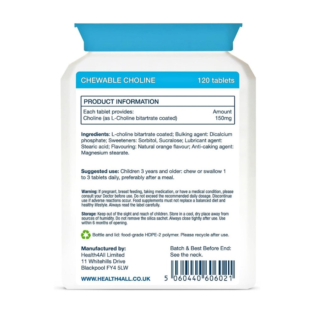 Health4All kids Choline, 150mg. For Focus, Memory, Attention & Nervous System Support, 120 Chewable tablets. Exp: 07/2028 - Image 4