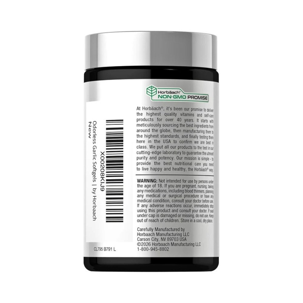 Horbaach Extra Strength Odourless Garlic, 3600MG. For Antioxidant, Immune, Metabolic Support, 200 Softgels. Exp: - Image 4