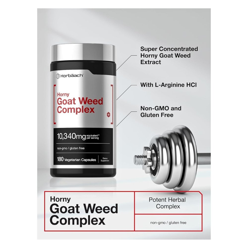 Horbaach Horny Goat Weed Complex with Maca, Tribulus, 10,340Mg. Male Performance Formula. For Improved Libido, Erectile Function & Stamina, 180 Capsules Exp: - Image 4