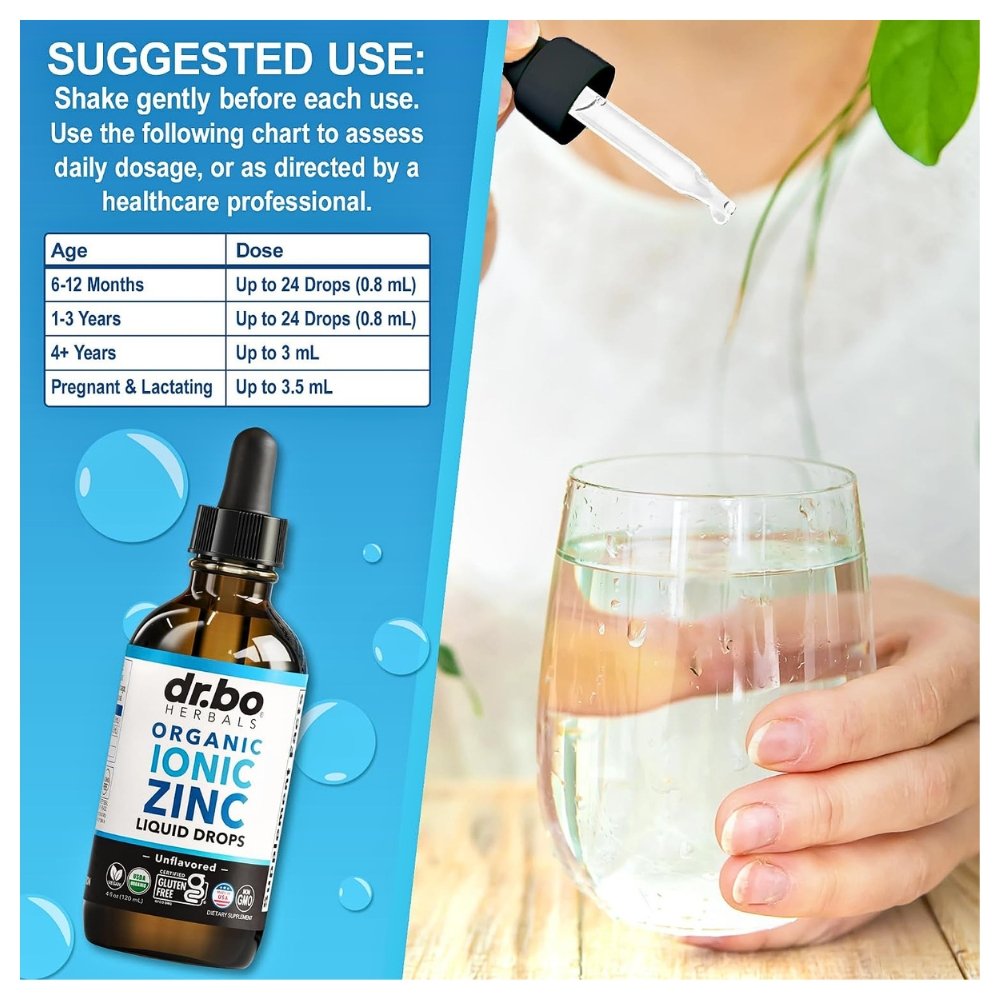 Dr Bo's Organic Ionic Zinc Liquid Drops For Adults & Kids. For Immune Support, Growth & Development, Healthy Skin & Improved wound healing, 120mls Exp: - Image 4