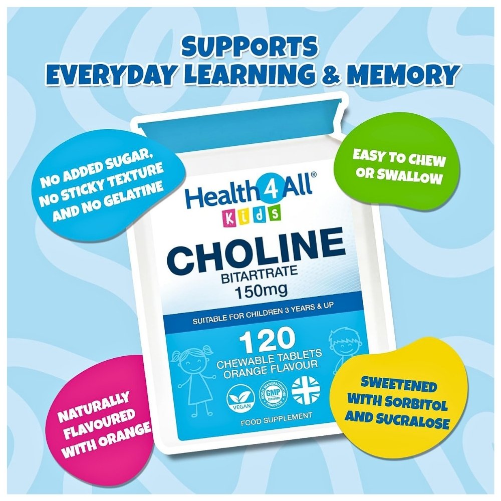 Health4All kids Choline, 150mg. For Focus, Memory, Attention & Nervous System Support, 120 Chewable tablets. Exp: 07/2028 - Image 5