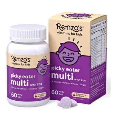 Renzo's Picky Eater Kids Multivitamin with Iron. 18 Essential vitamins & Minerals to fill Nutritional gaps, Boost Apeetite,  60 Dissolvable Tabs,   Exp: