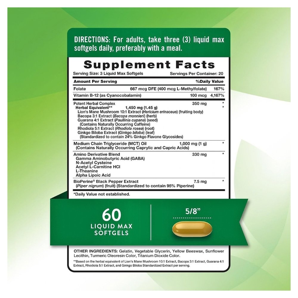 Nature's Truth Brain Up with L-Theanine, Bacopa, B-12 & MCT. Nootropic for Improved Memory, Mental Alertness, Cognitive Enahncement, Sharper Focus. 60 Count Exp:11/2028 - Image 2