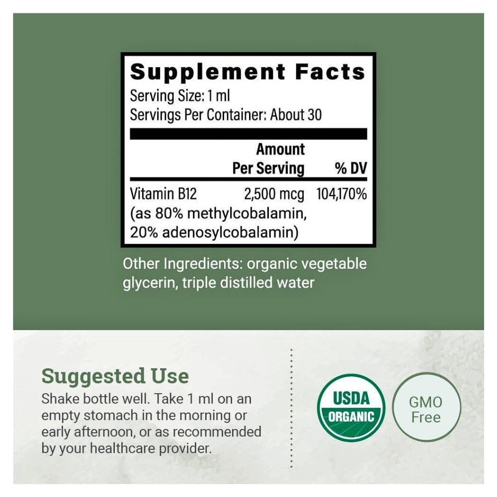 Earth Harmony Naturals Sublingual Methylcobalamin (Vitamin B12), 2,500mcg. For Low Energy & Fatigue, Nerve Support, 30mls Exp: 12/2027 - Image 2