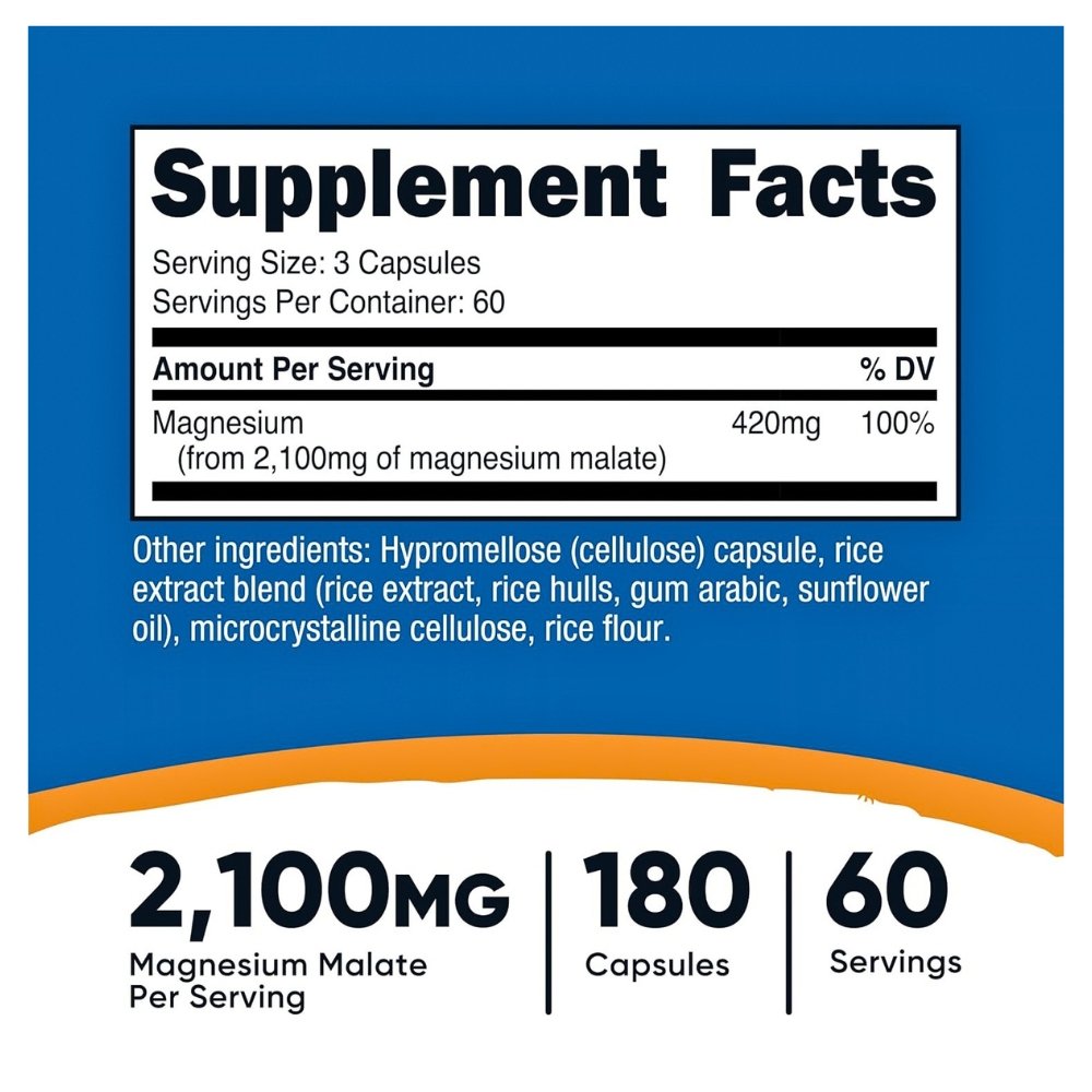 Nutricost Magnesium Malate 2100MG. Energy, Muscle & Nervous System Support. 180 Capsules Exp: 05/2029 - Image 2