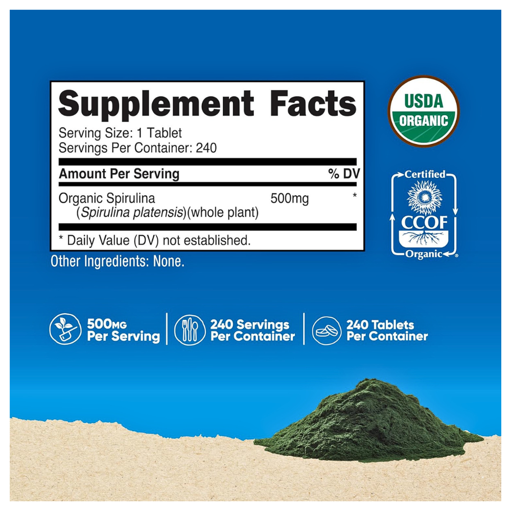 Nutricost Organic Spirulina ,500mg. Detoxification, Antioxidant, Blood Pressure Support, Healthy Skin, Superfood, 240 Tablets Exp: 04/2029 - Image 2