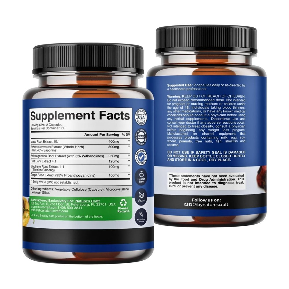 Nature's Craft Potent Maca Root For Men, 400MG with Ashwagandha, Tribulus & Siberian Ginseng, To Support Wellness, Enhance Performance & Reduce Stress -120 capsules Exp: - Image 2