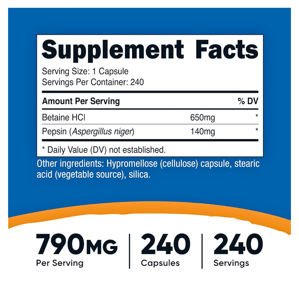 Nutricost Betaine HCl + Pepsin, 790mg. Digestion Support To Improve Stomach Acidity, Protein Breakdown, Nutrient Absorption. 240 Capsules, Exp: 12/2028 - Image 2