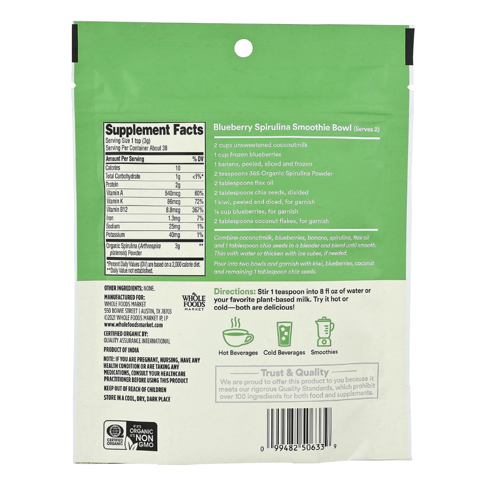 365 Whole Foods Market Organic Spirulina Superfood, 3000mg. Detoxification, Antioxidant, Blood Pressure Support, Healthy Skin, . 118G Exp: 01/2028 - Image 3