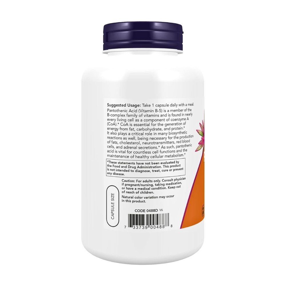 NOW Foods Pantothenic Acid (Vitamin B-5) 500 mg, B-Complex Vitamin. For Energy, Antiinflammatory, Skin & Hair Health 250 Capsules Exp: 03/2030 - Image 3