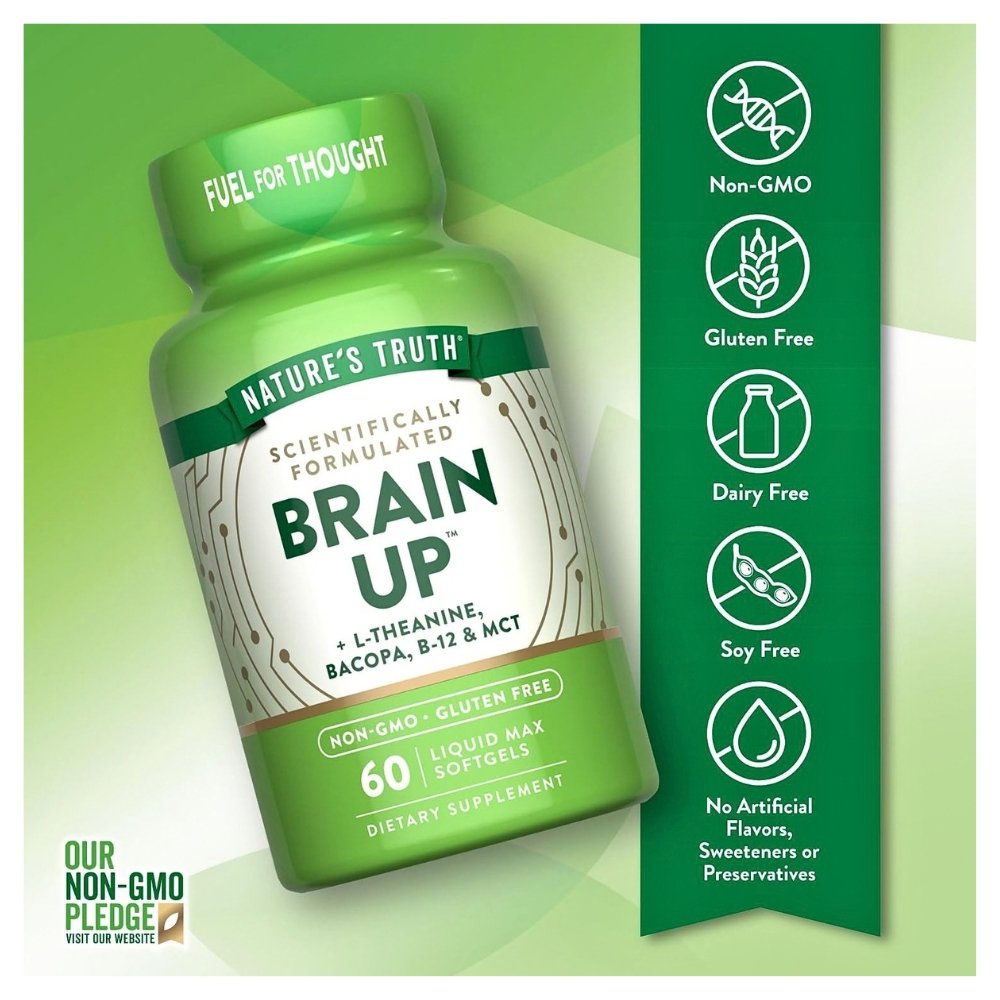 Nature's Truth Brain Up with L-Theanine, Bacopa, B-12 & MCT. Nootropic for Improved Memory, Mental Alertness, Cognitive Enahncement, Sharper Focus. 60 Count Exp:11/2028 - Image 4