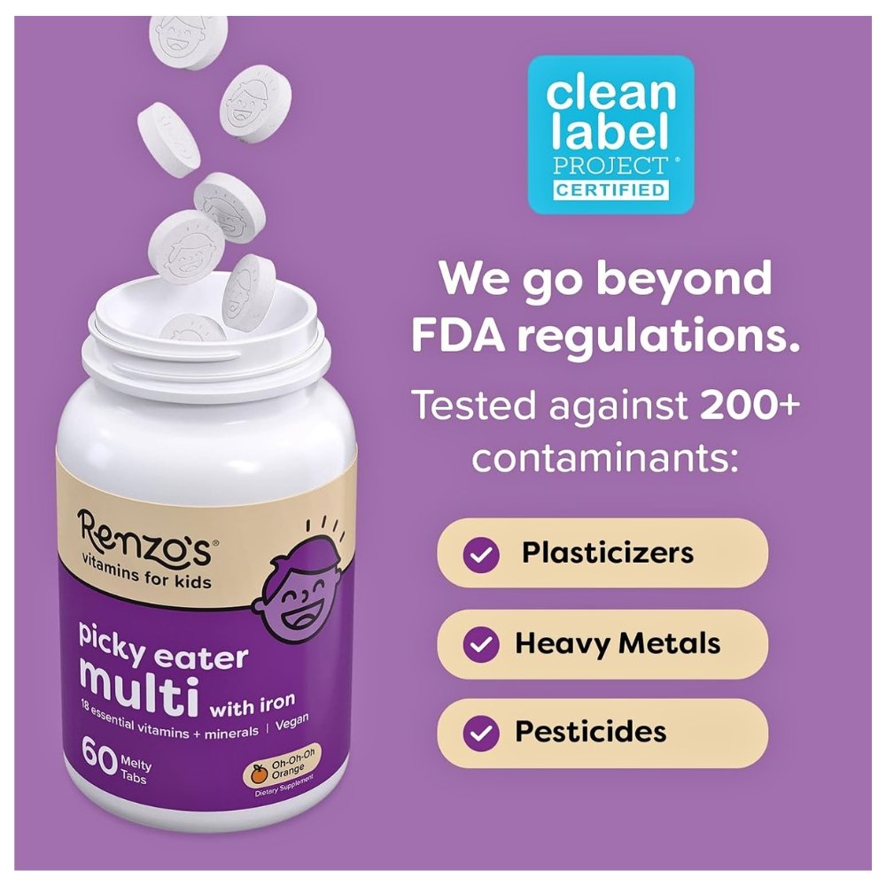 Renzo's Picky Eater Kids Multivitamin with Iron. 18 Essential vitamins & Minerals to fill Nutritional gaps, Boost Apeetite, 60 Dissolvable Tabs, Exp: - Image 4